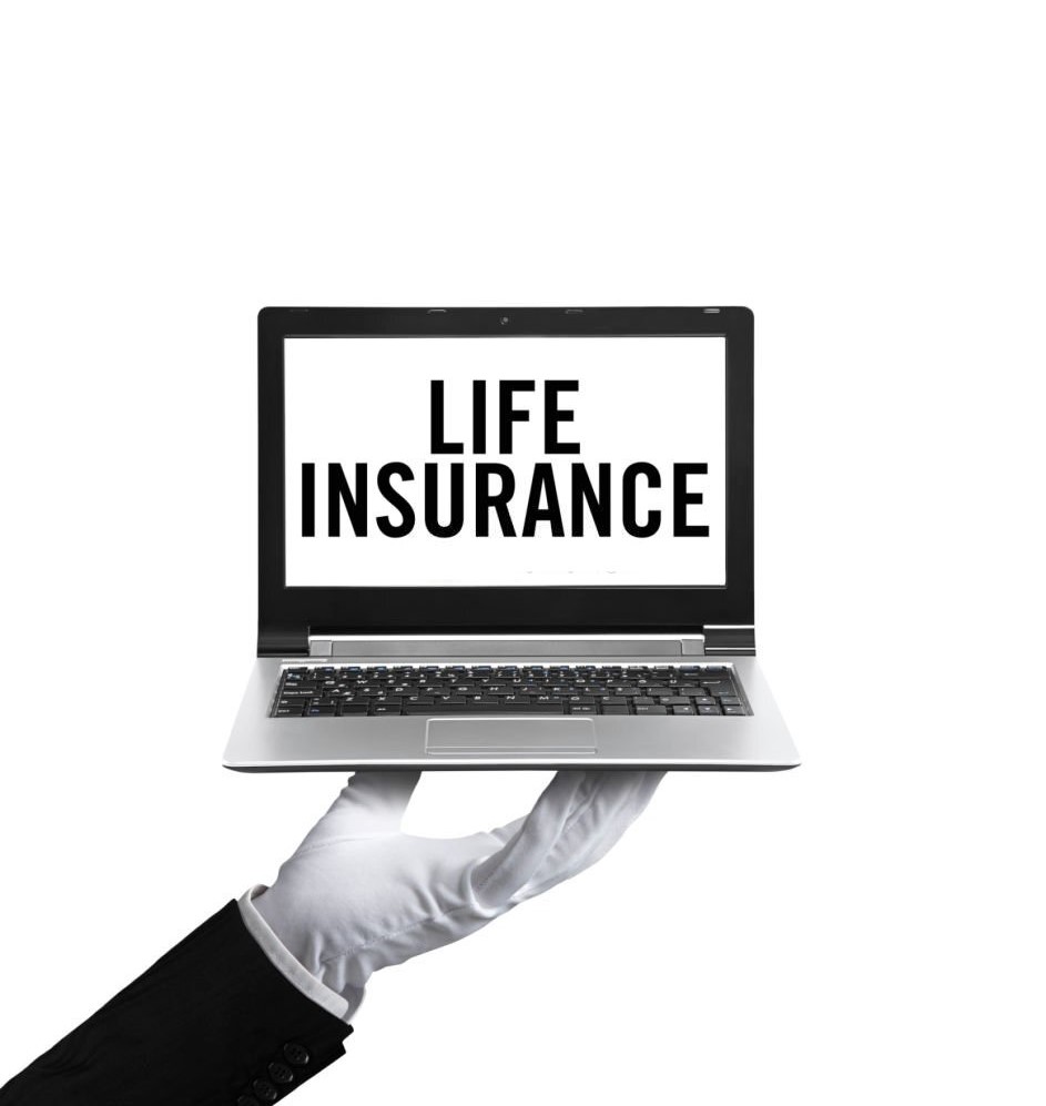 Butler holding a laptop with “Life insurance” text